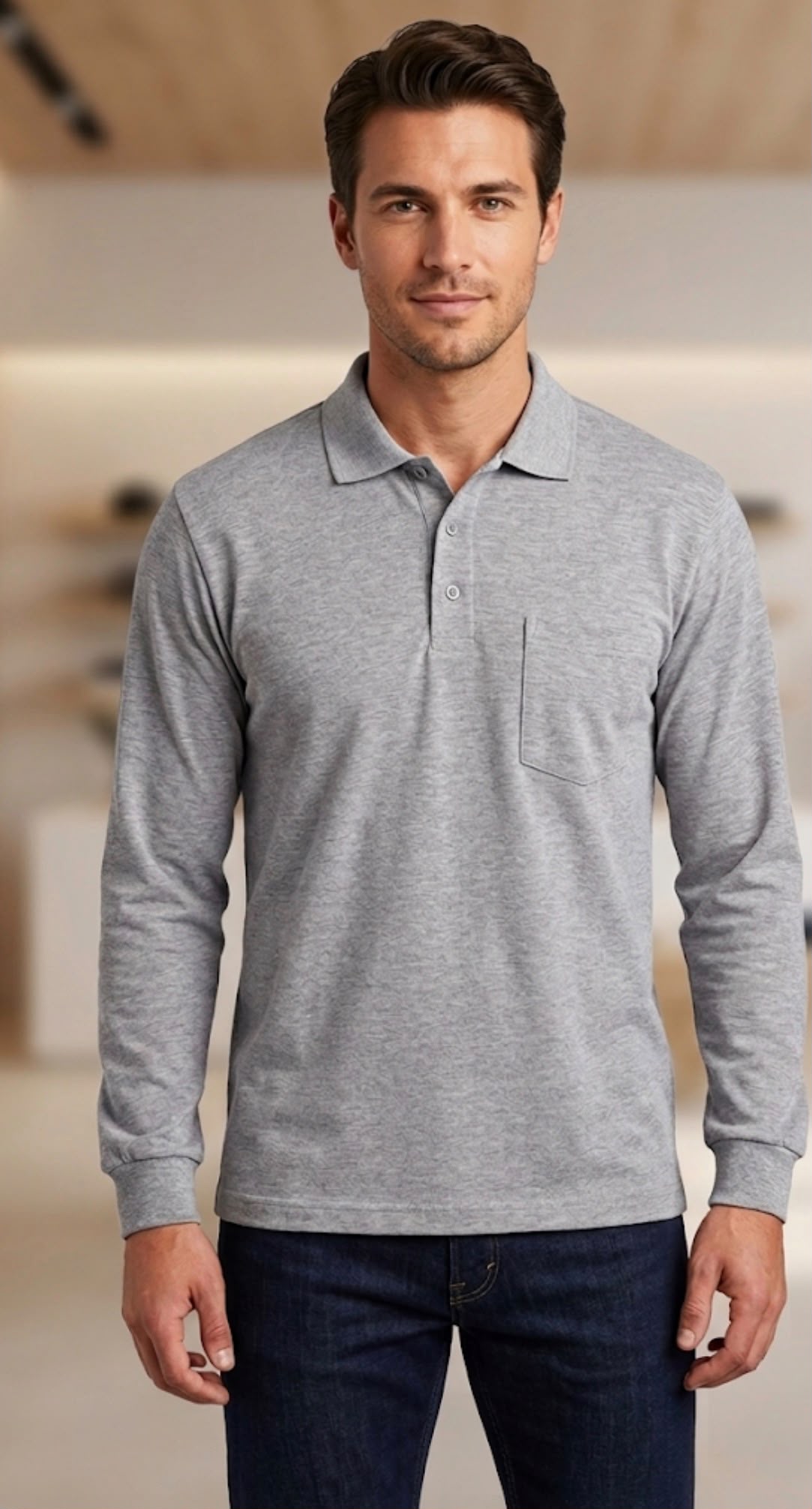 30/1 Süprem Polo Yaka Uzun Kollu T-Shirt Erkek Gri Melanj - Görsel 2