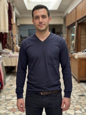 30/1 Süprem V yaka Uzun Kollu Basic T-Shirt Lacivert